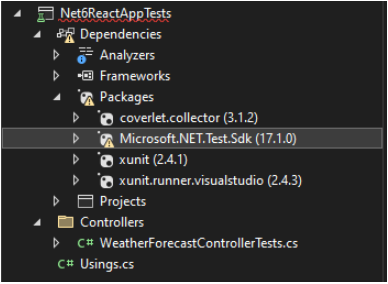 Screenshot of missing package for xUnit test project in solution explorer