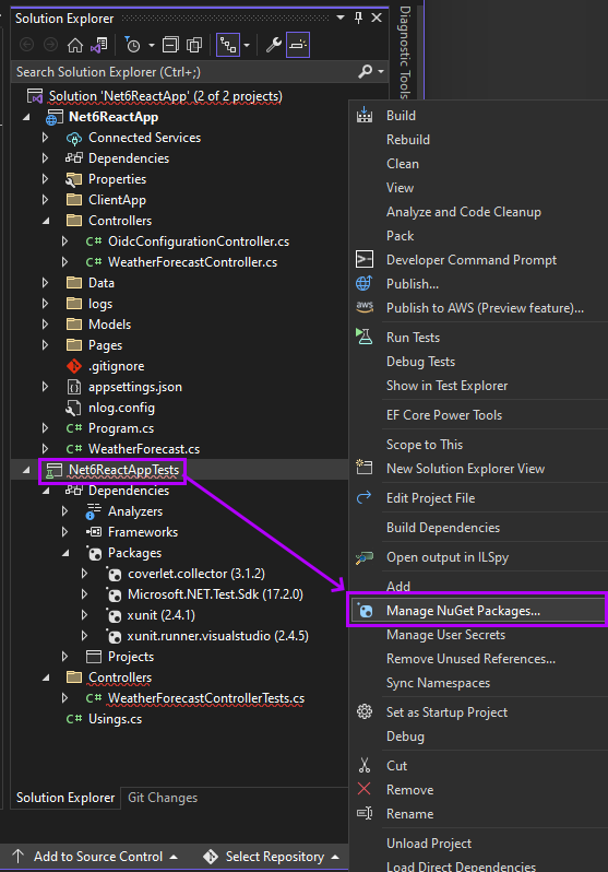 Screenshot of Mange NuGet packages for test project
