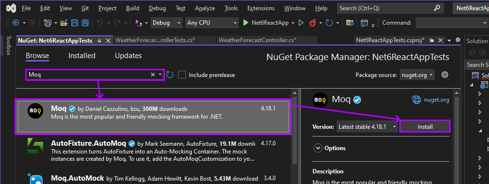 Screenshot of Installing Moq from NuGet Package Manager
