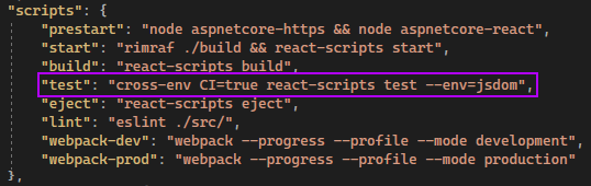 Screenshot of Package.json showing test script