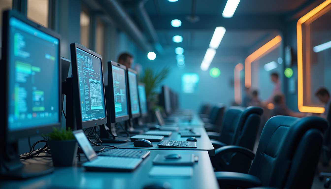 Eye-level view of a conceptual futuristic workspace for AI-driven development