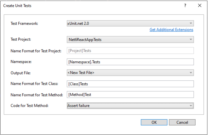 Screenshot of Create Unit Tests dialog with xUnit.net 2.0 selected.