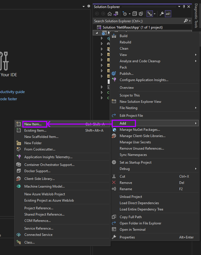 Screenshot of context menu in Solution Explorer highlighting Add New Item.