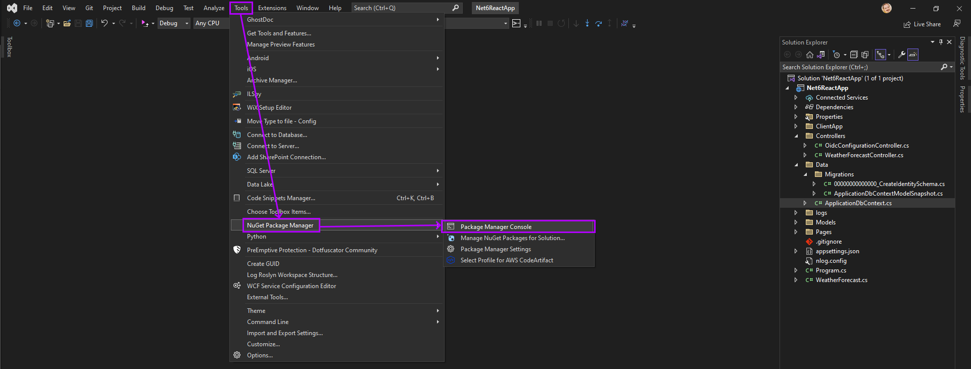 Screenshot showing how to Navigate to Package Manager Console