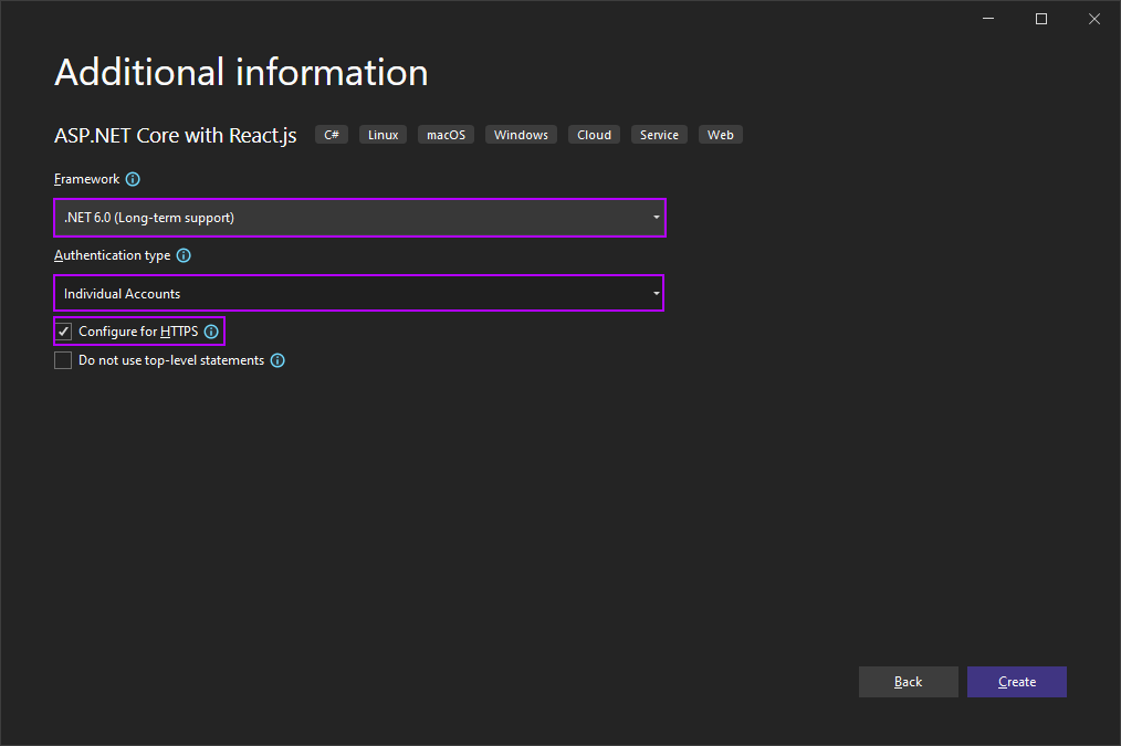 Additional information screenshot, with Framework .NET 6.0 and Individual Accounts Authentication, configured for HTTPS