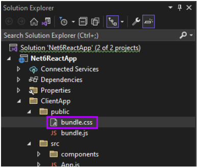 Screenshot showing bundle.css in Solution Explorer