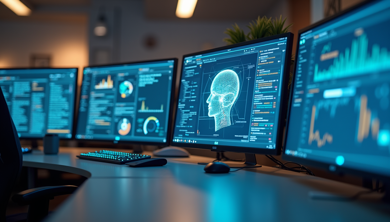 Eye-level view of a modern office workspace with AI technology on screens