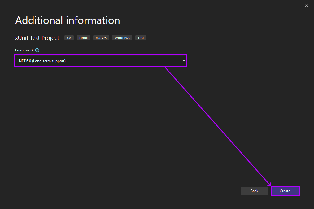 Screenshot of Additional information dialog, with .NET 6.0 Long-term support selected.
