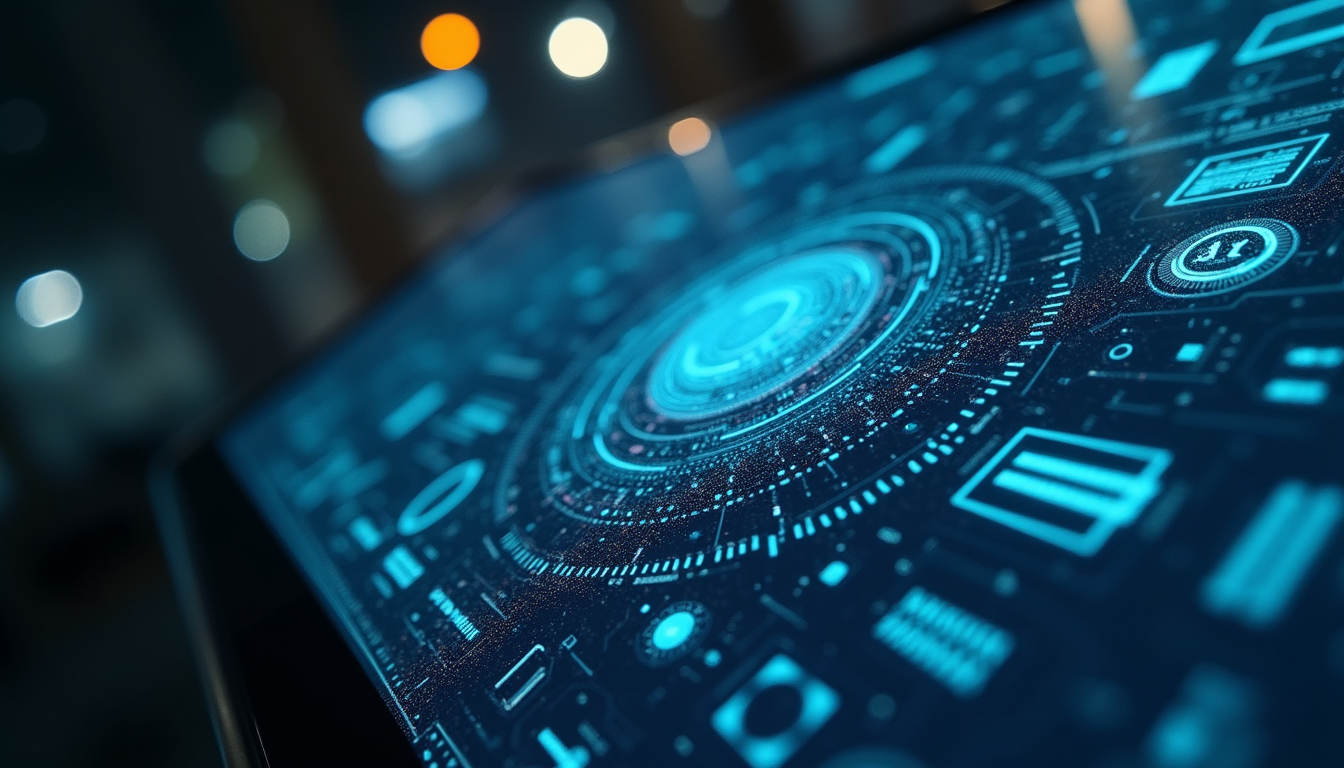 High angle view of a futuristic AI interface on a digital screen