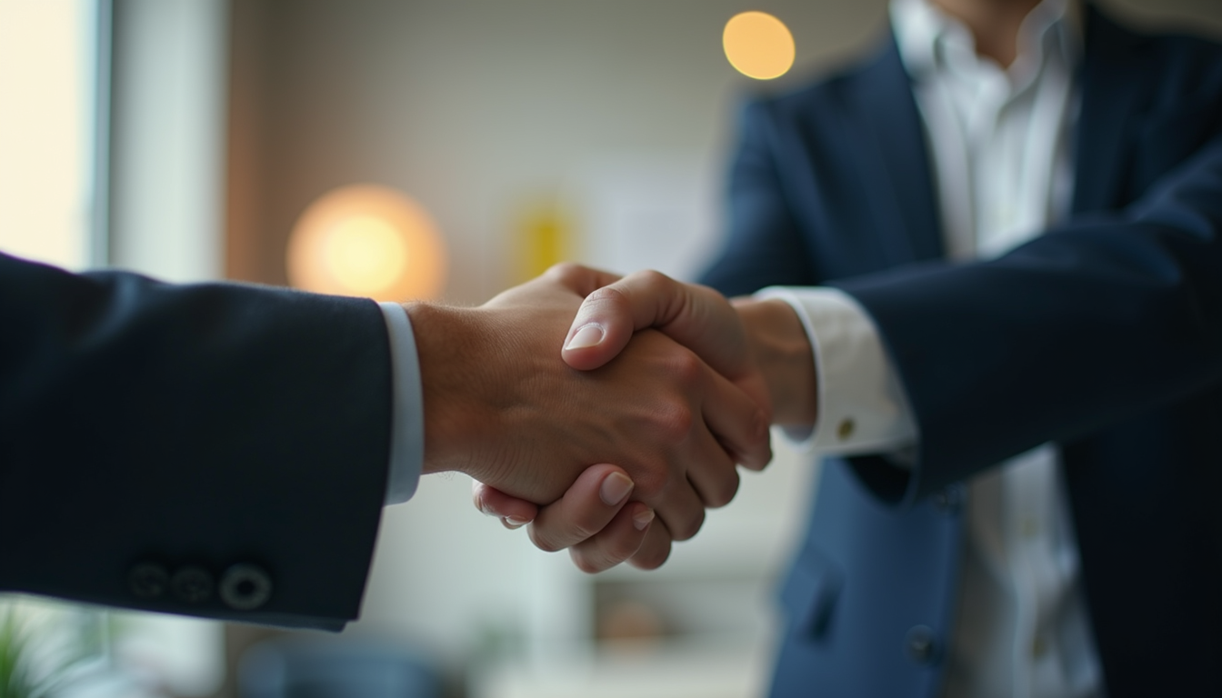 Close-up view of a handshake between two people in a tech startup environment
