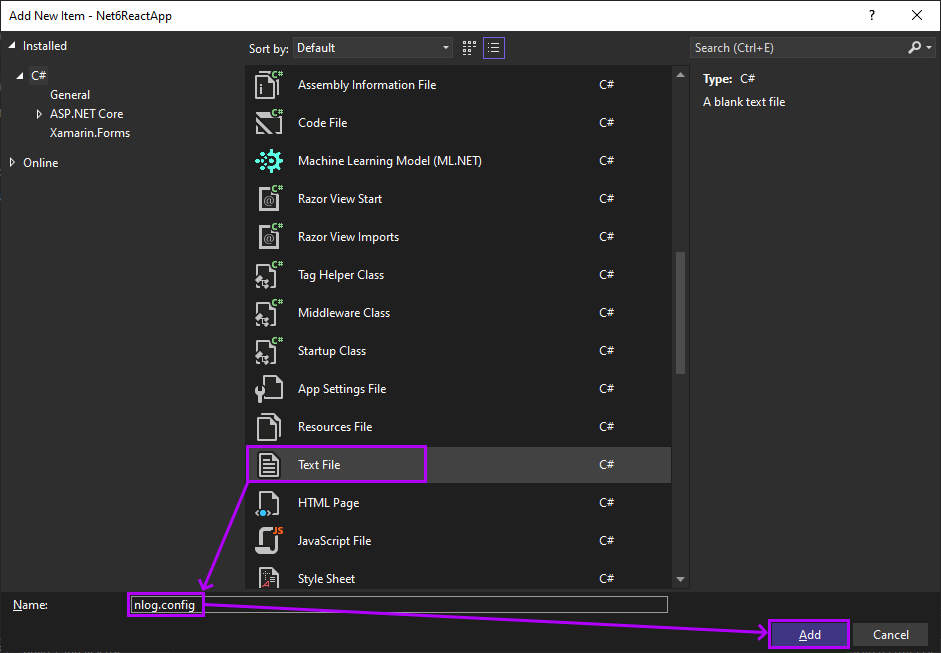 Screenshot of Add New Item highlighting Text File and the name nlog.config