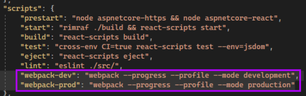 Screenshot of adding Webpack scripts to package.json