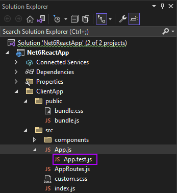 Screenshot of App.test.js in Solution Explorer