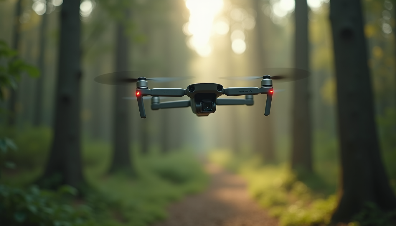 Close-up view of a drone flying over a forest for environmental monitoring