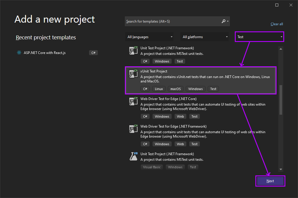 Screenshot of Add New Project dialog highlighting xUnit Test Project.