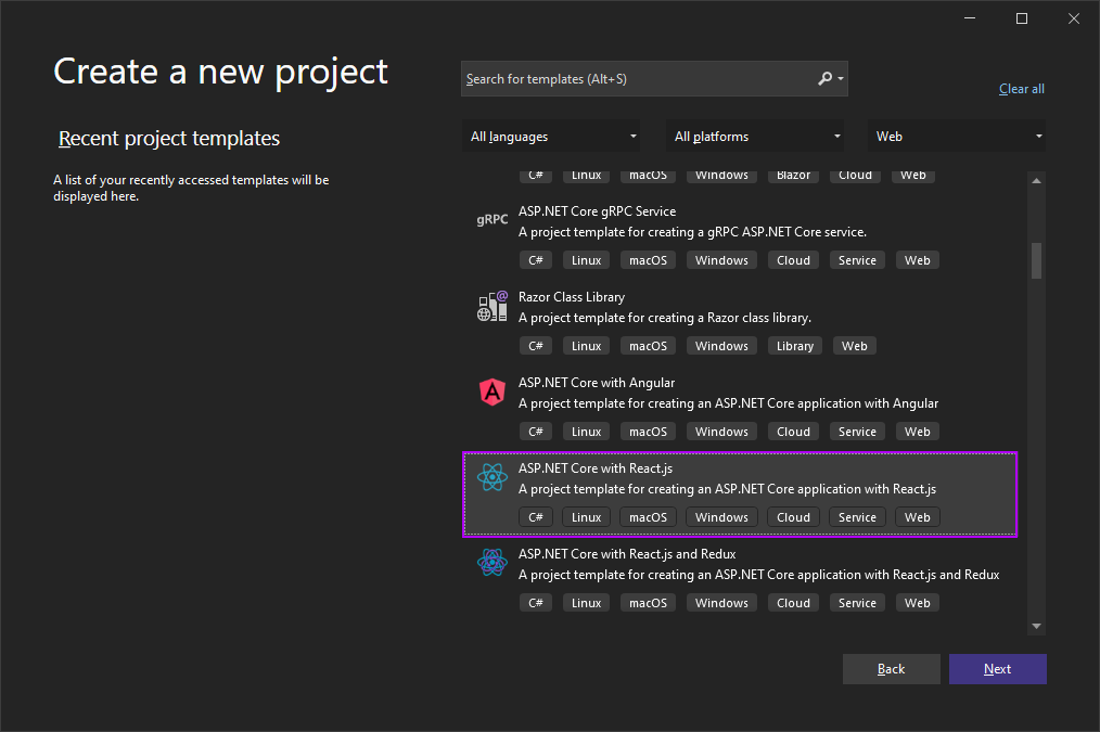 Create New Project Dialog with "ASP.NET Core with React.js" selected