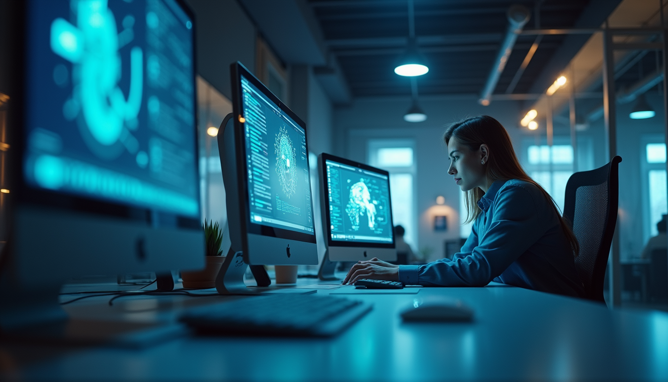 Eye-level view of a modern office workspace with AI technology on screens