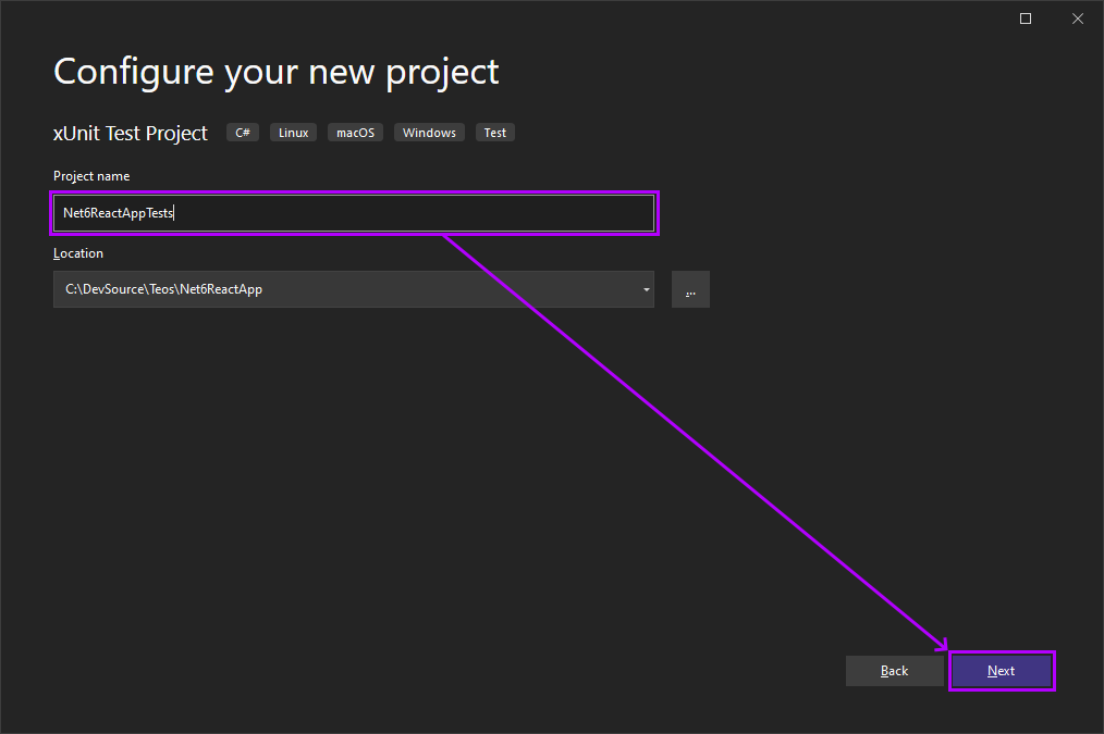 Screenshot of Configure your new project dialog showing Project name.