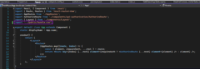 Screenshot of reference to bundle.css in App.js