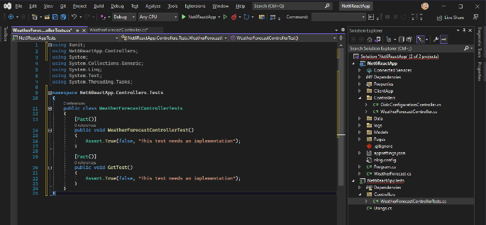 Screenshot of WeatherForecastControllerTests.cs file