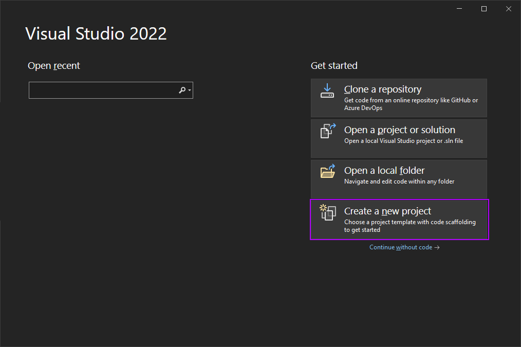 Visual Studio 2022 Start Screen