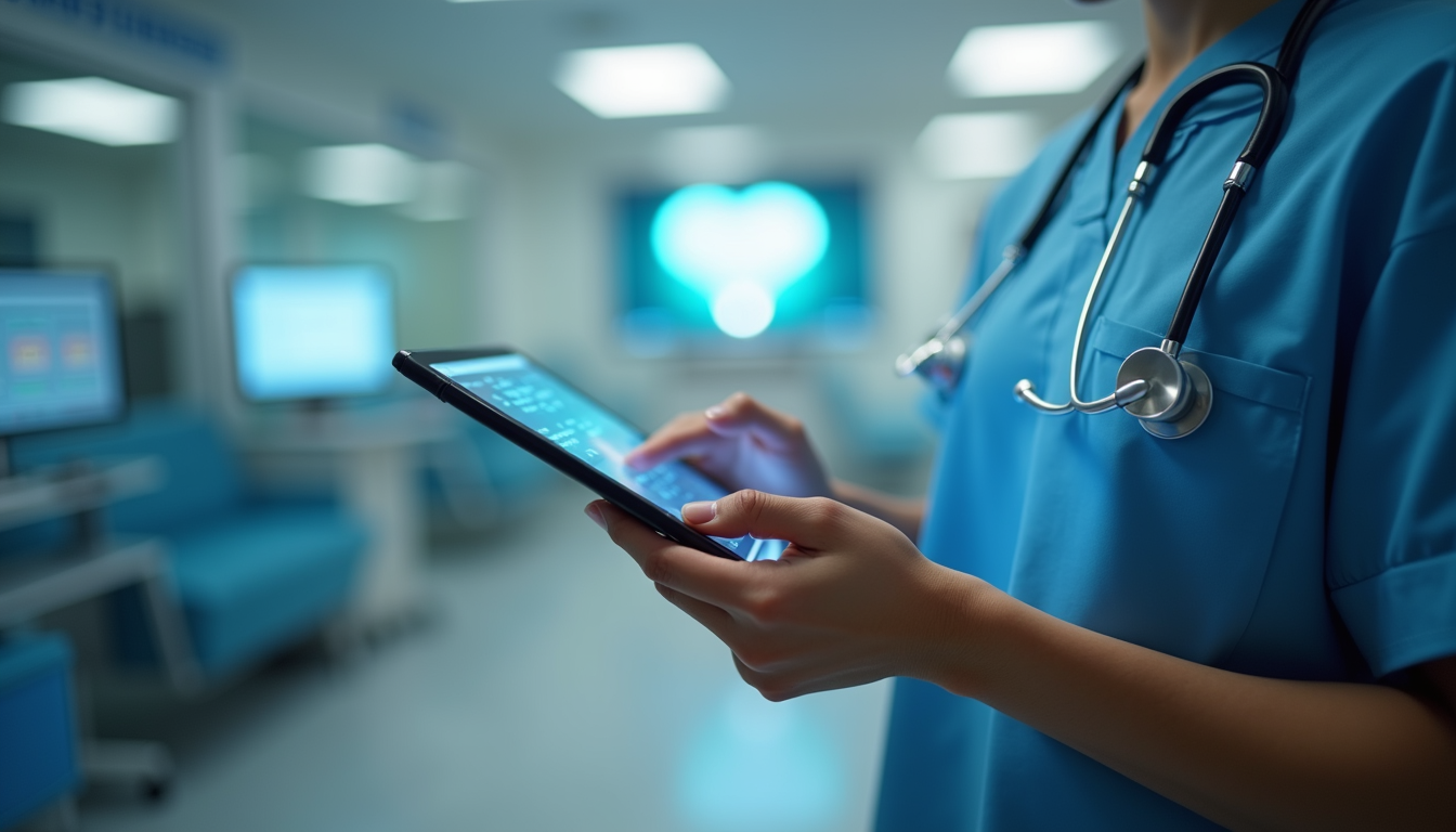 Close-up view of a healthcare professional using a tablet with AI-powered software