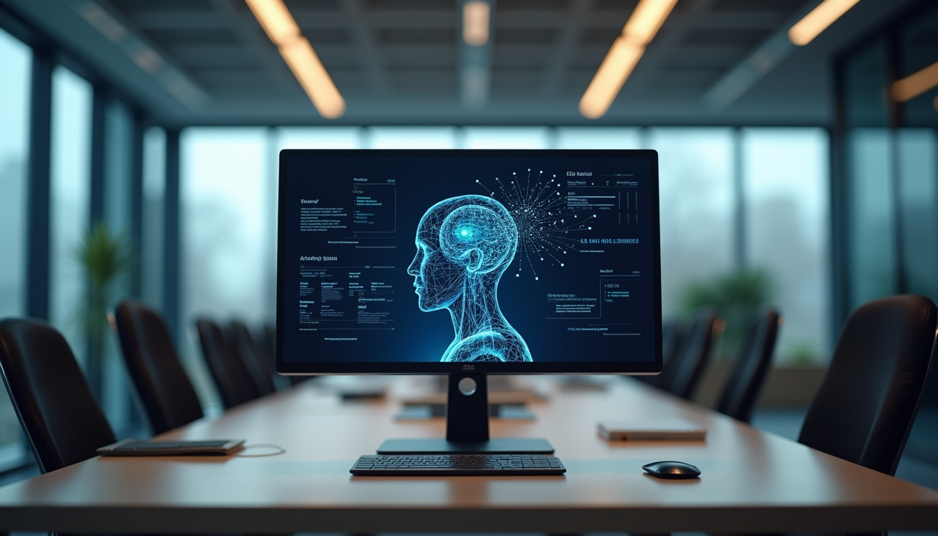 Eye-level view of a modern office workspace with ethical AI concept on screen