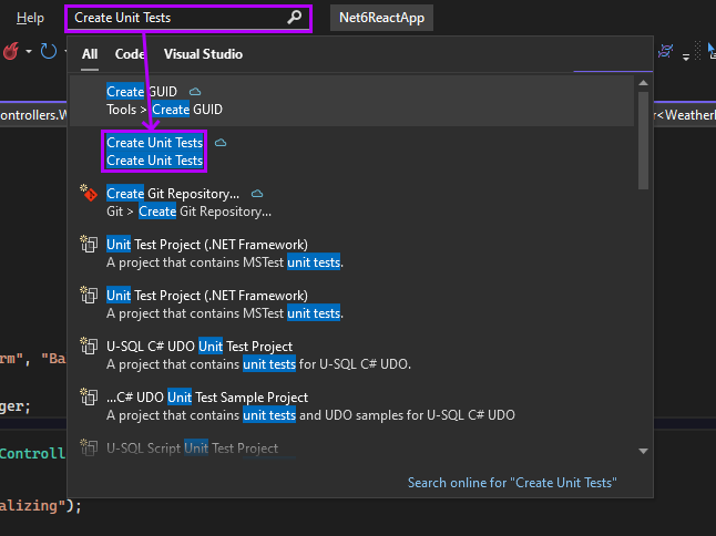 Screenshot of selecting Create Unit Tests for WeatherForecastController.cs