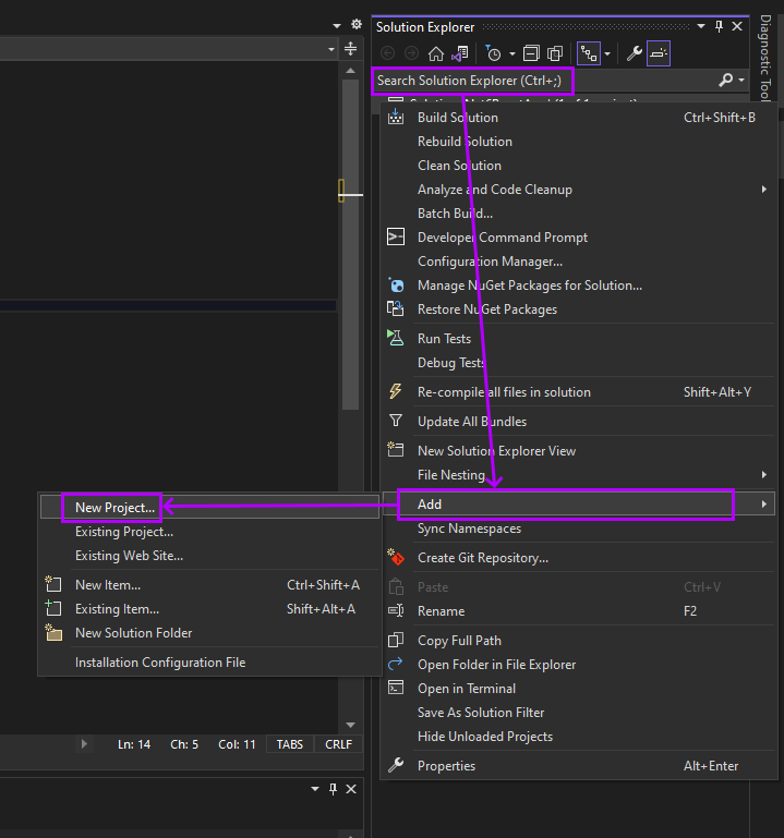 Screenshot of Solution Explorer context menu highlighting Add New Project.