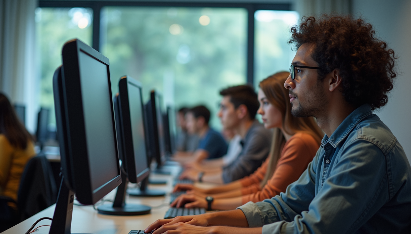 Eye-level view of a classroom full of diverse students learning computer programming
