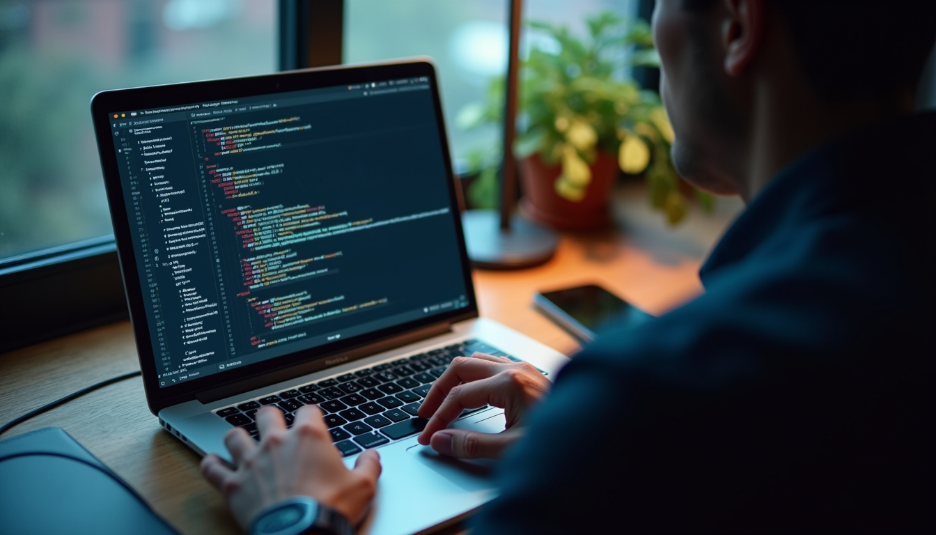High angle view of a developer coding AI software on a laptop