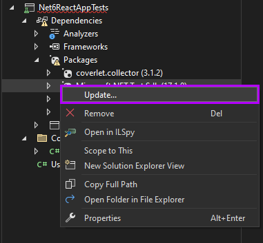 Screenshot of Solution Explorer context menu on the missing dependency, highlighting Update.