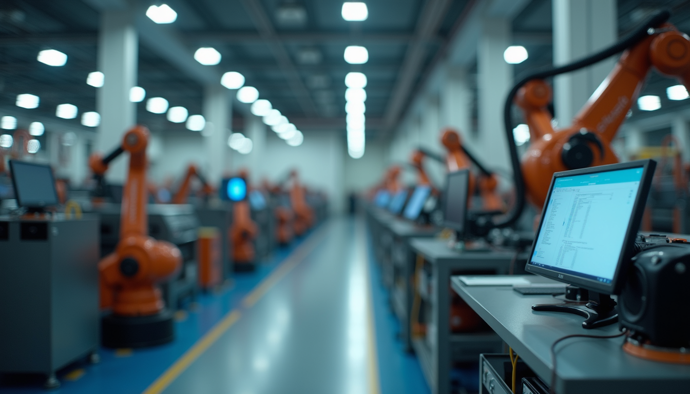 Wide-angle view of a bustling factory with robotic automation