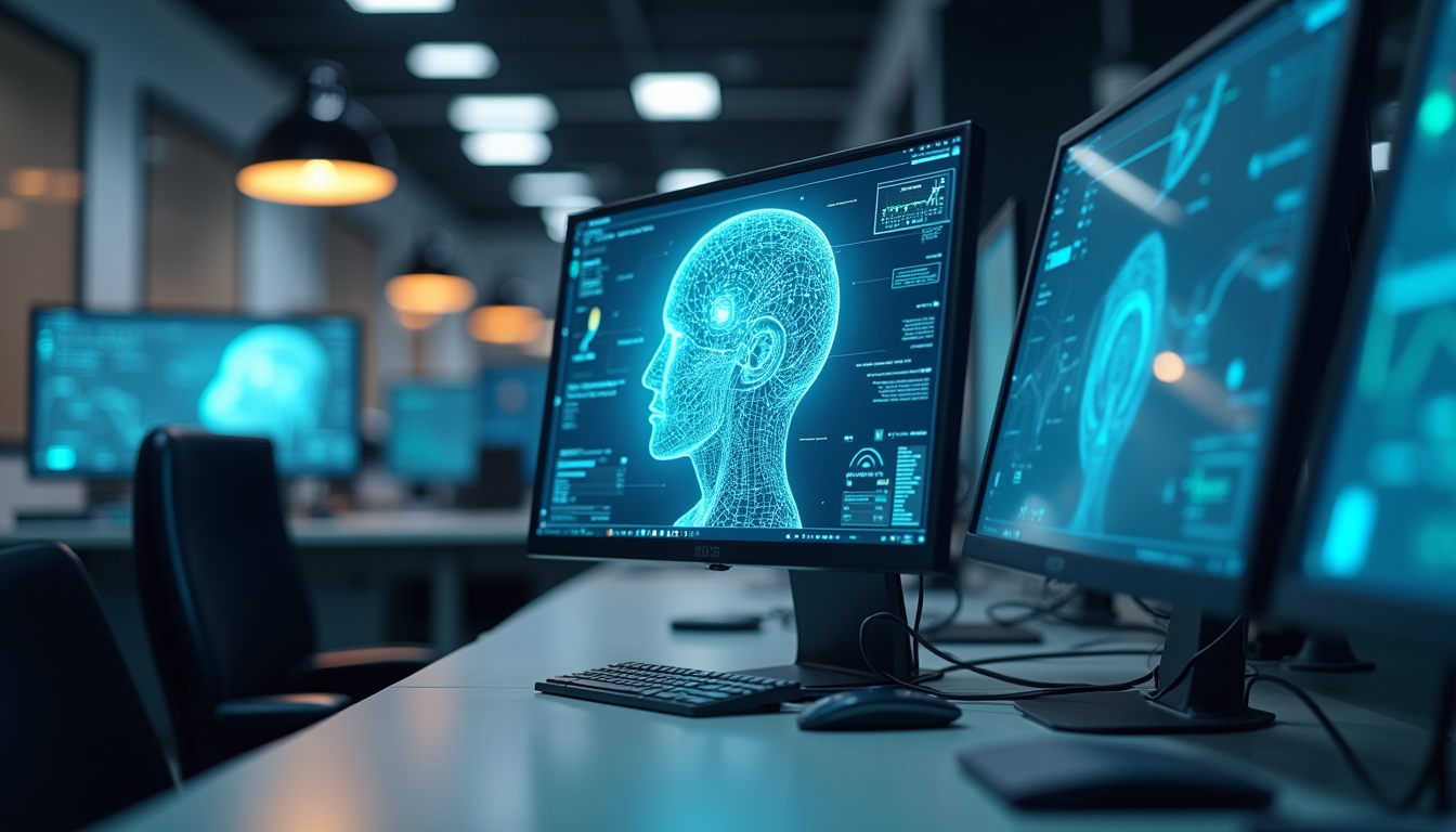 Eye-level view of a modern office workspace with AI technology on screens