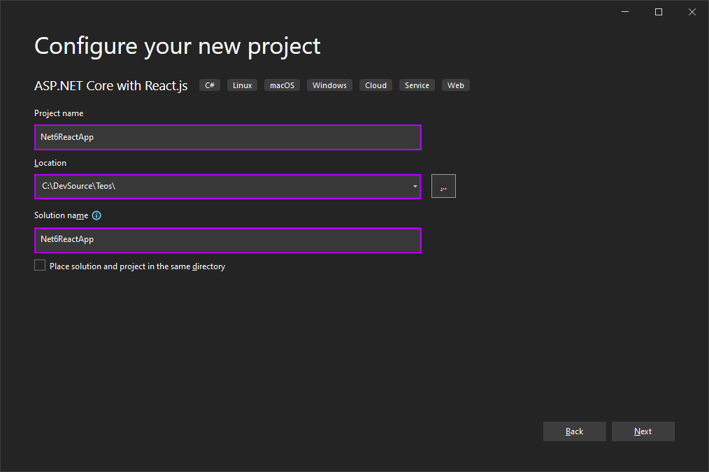 Configure your new project dialog screenshot