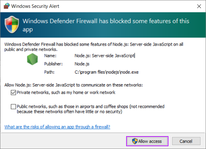 Windows Defender Firewall dialog
