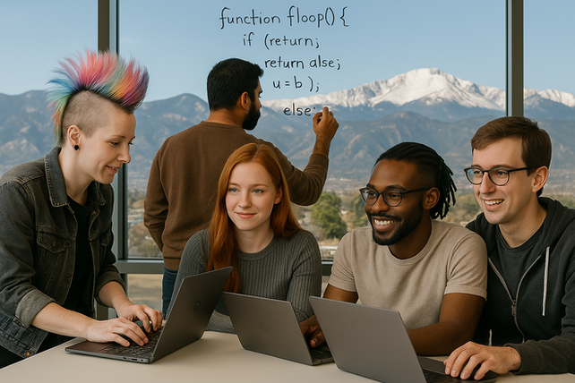A diverse team of software engineers collaborating together and having fun.