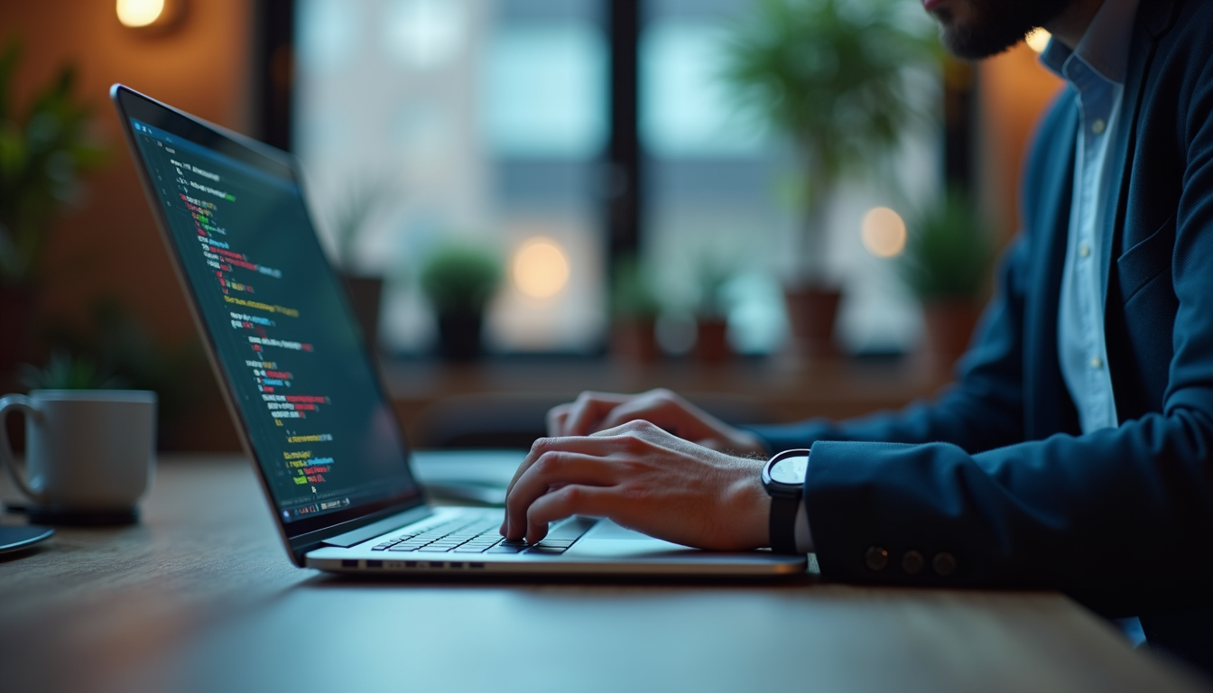 Close-up view of a developer coding on a laptop in a tech office