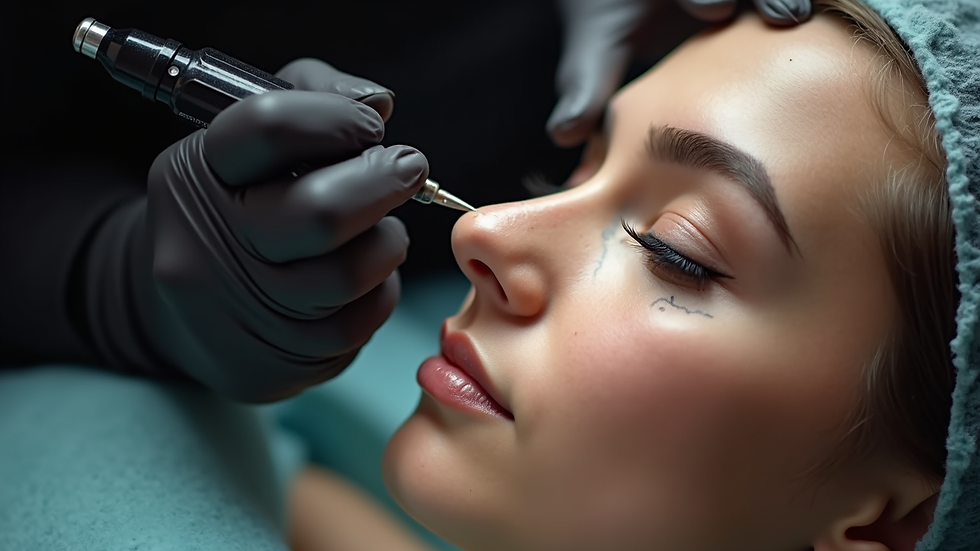 Eye-level view of a cosmetic tattoo artist applying a lash tattoo