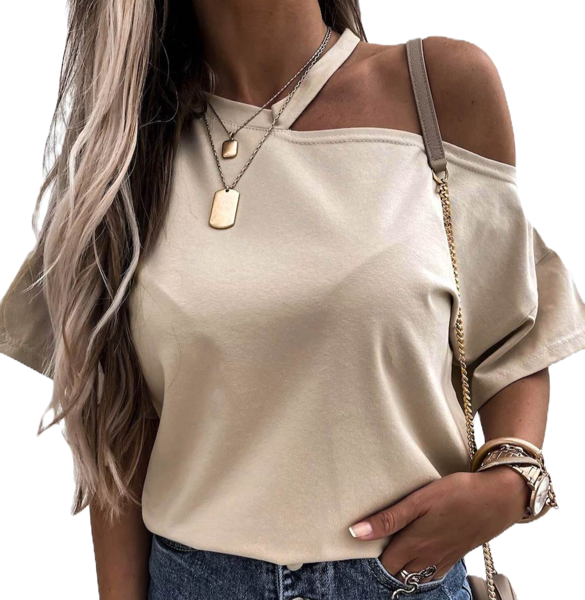 BEIGE CUT OUT SHOULDER T-SHIRT