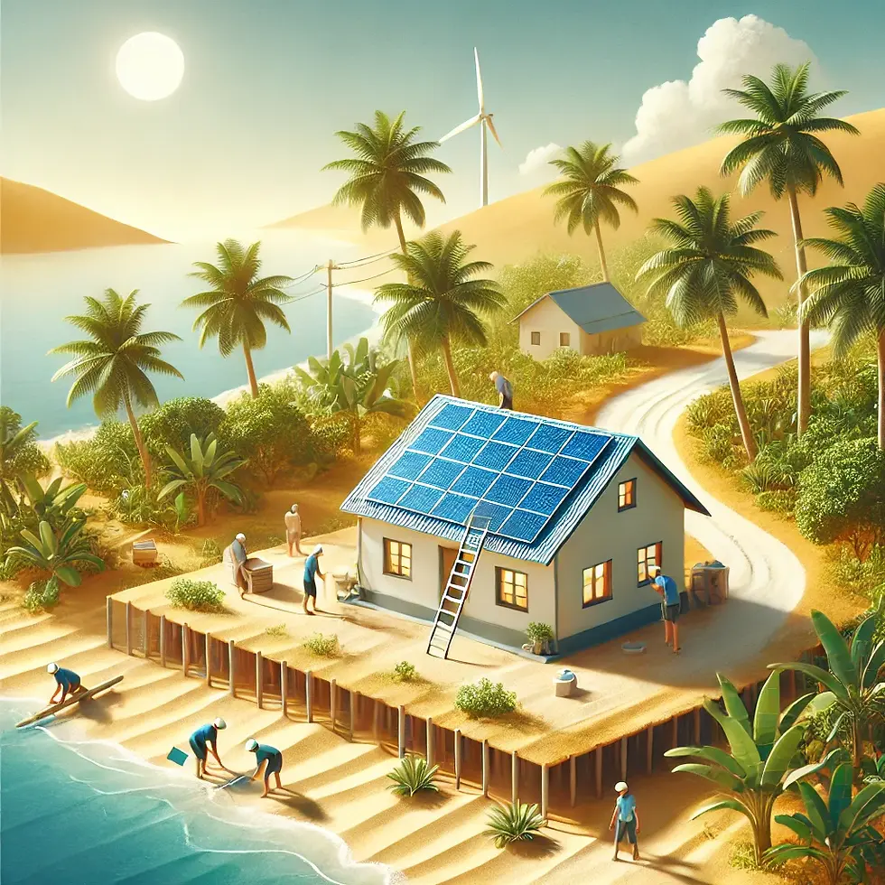 Ilustración de una comunidad sostenible con casas ecológicas y paneles solares, representando la visión de la Fundación Tierr