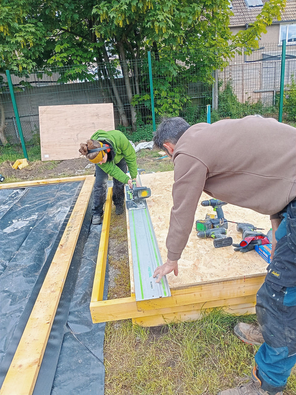 Two people using saw to cut plywood
