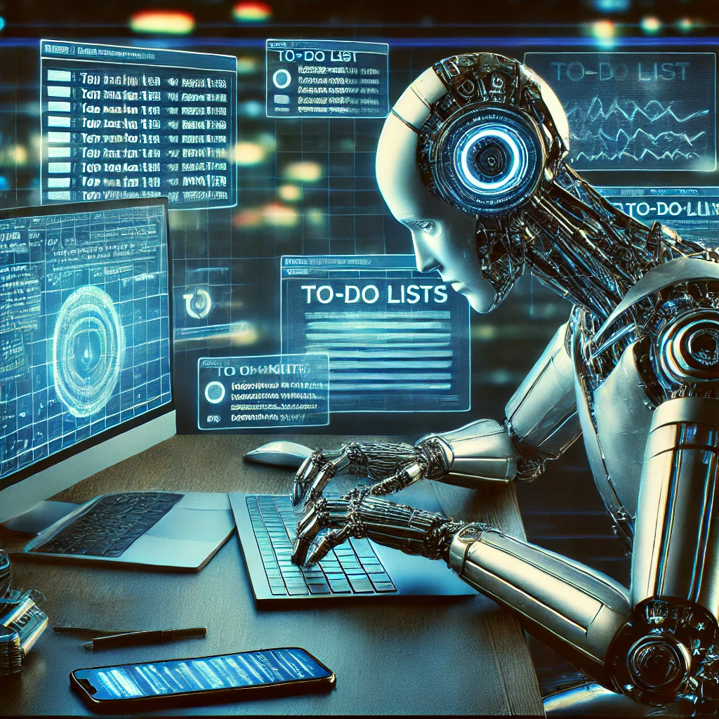 A robotic figure typing endlessly, symbolizing toxic productivity and burnout from hustle culture.
