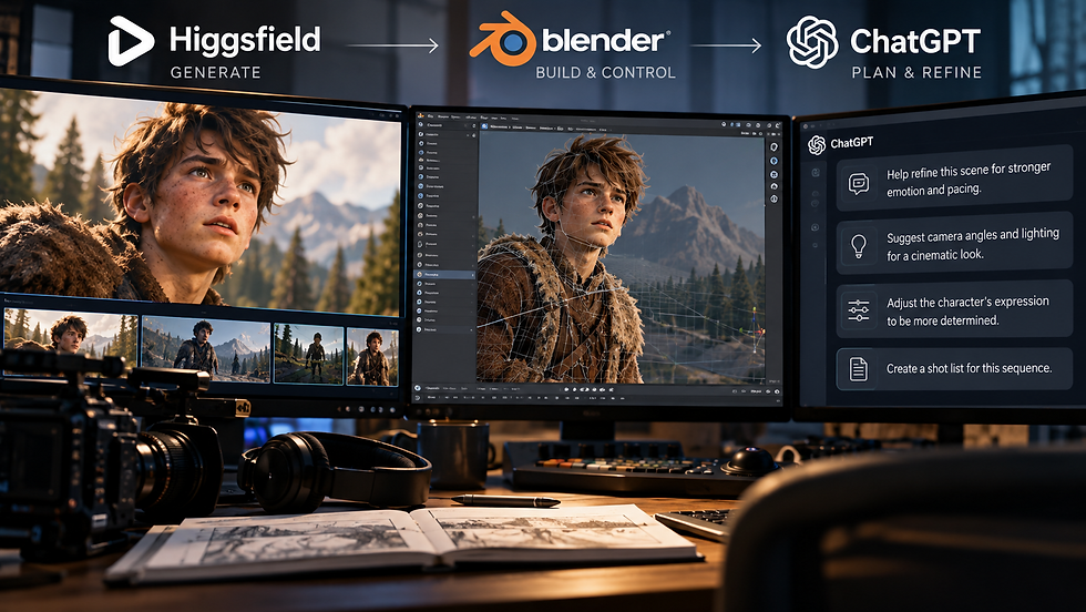 AI filmmaking pipeline integrating Higgsfield, Blender and ChatGPT for generative video production, 3D character creation and cinematic direction.