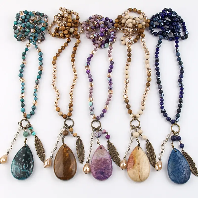 Thumbnail: Bohemian Jewelry Accessory Stones Knotted With Stone Dorp Pendant Necklace