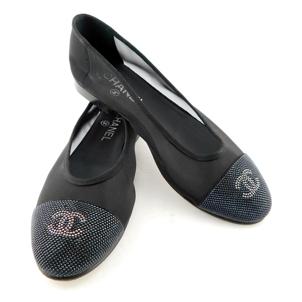 Black logo cap toe Chanel Ballet flats with crystals