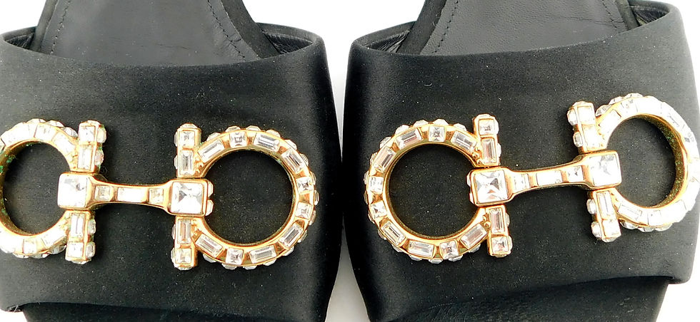 Thumbnail: FERRAGAMO Size 6 C Wide LAMPIO Black Satin Crystal Gancini Slides Shoes