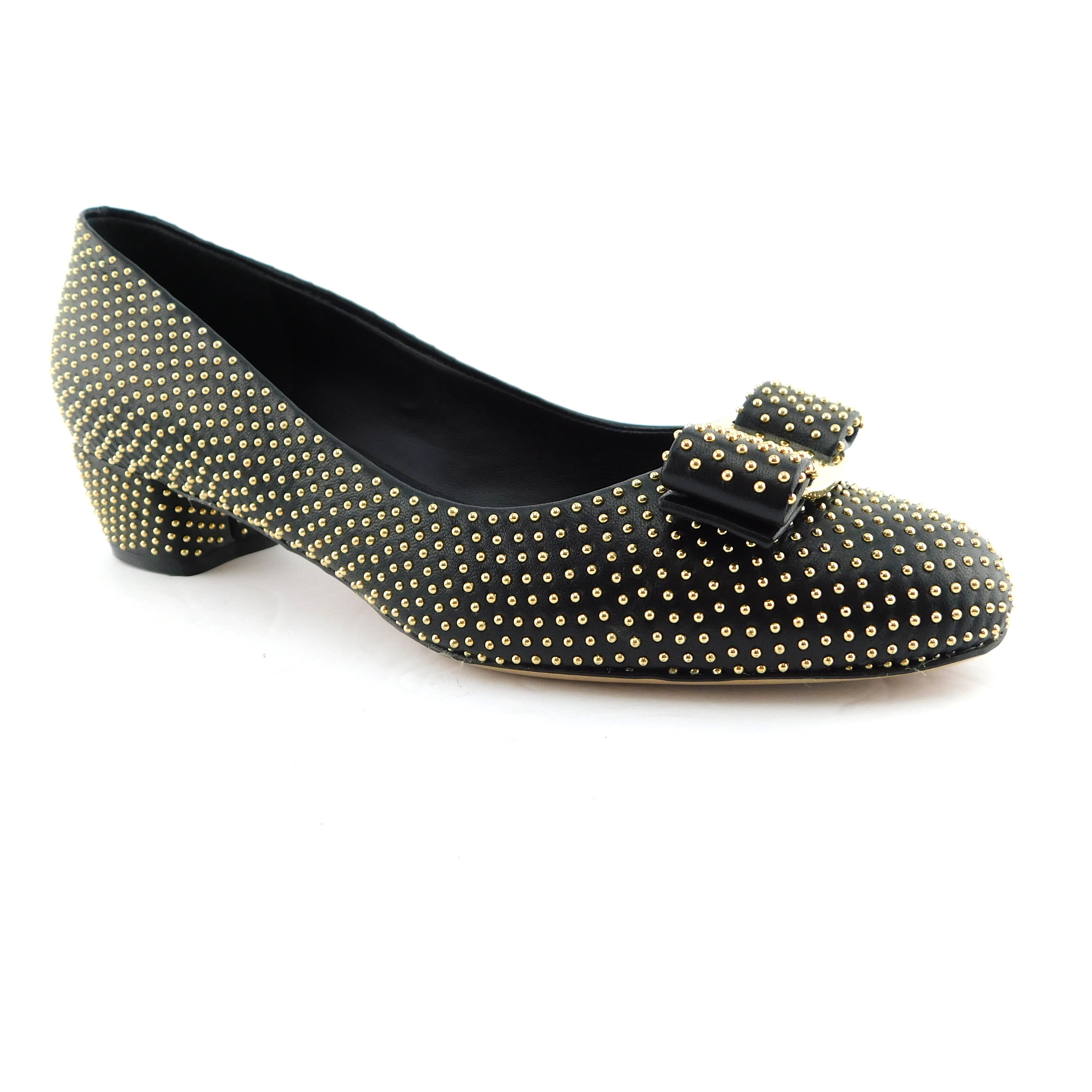 FERRAGAMO Size 7 VARA Bow Gold Studded Block Heel Pumps Shoes