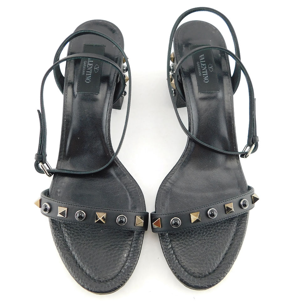Thumbnail: VALENTINO Size 7.5 Black ROCKSTUD Block Heel Ankle Strap Sandals Shoes 38 Eur