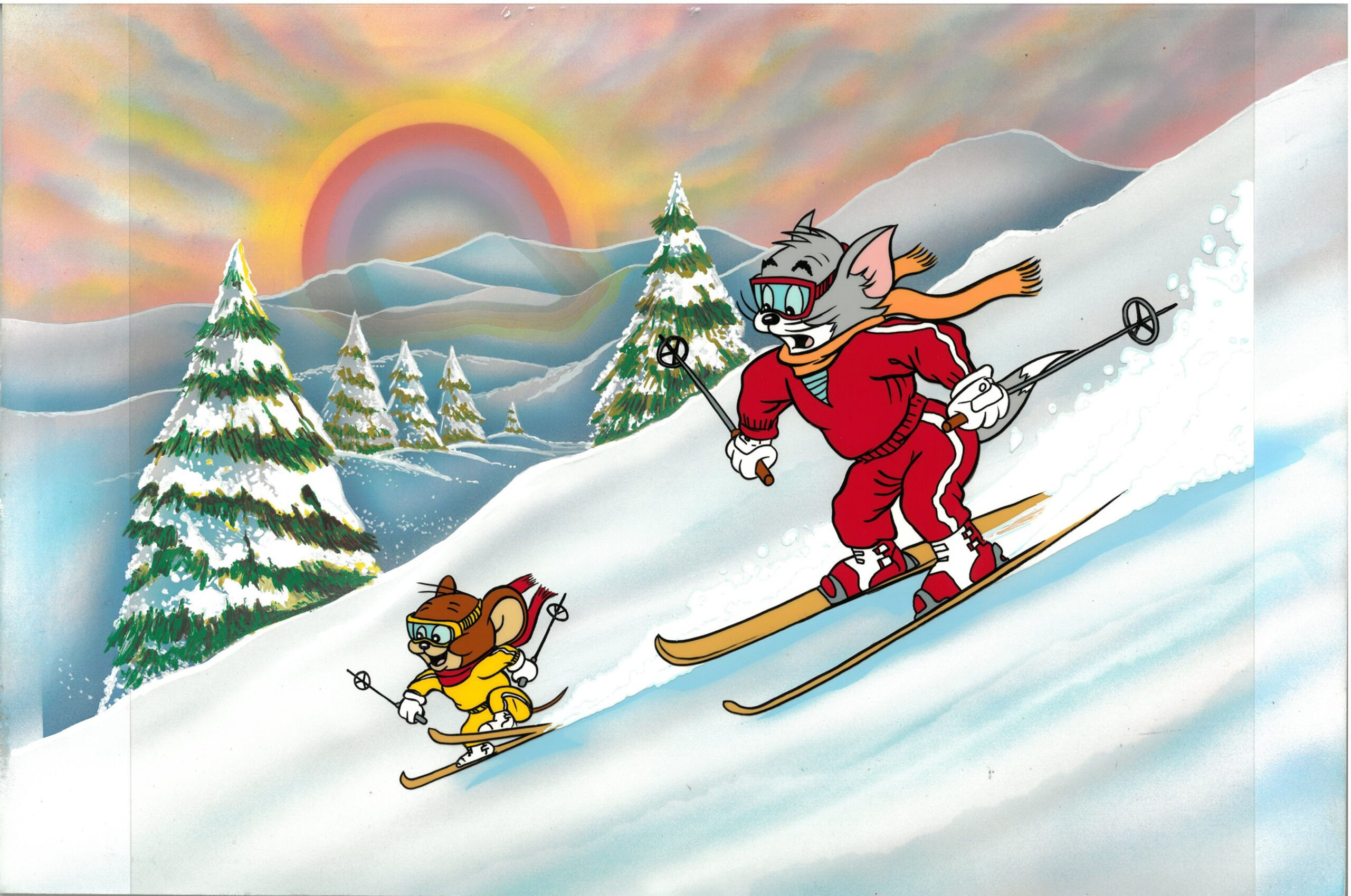 Downhill Adventure - Tom and Jerry Cel w/ airbrushed background and drawings